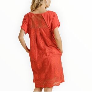 Umgee M Coral Linen Blend Lace Back Shift Dress Fringe Trim